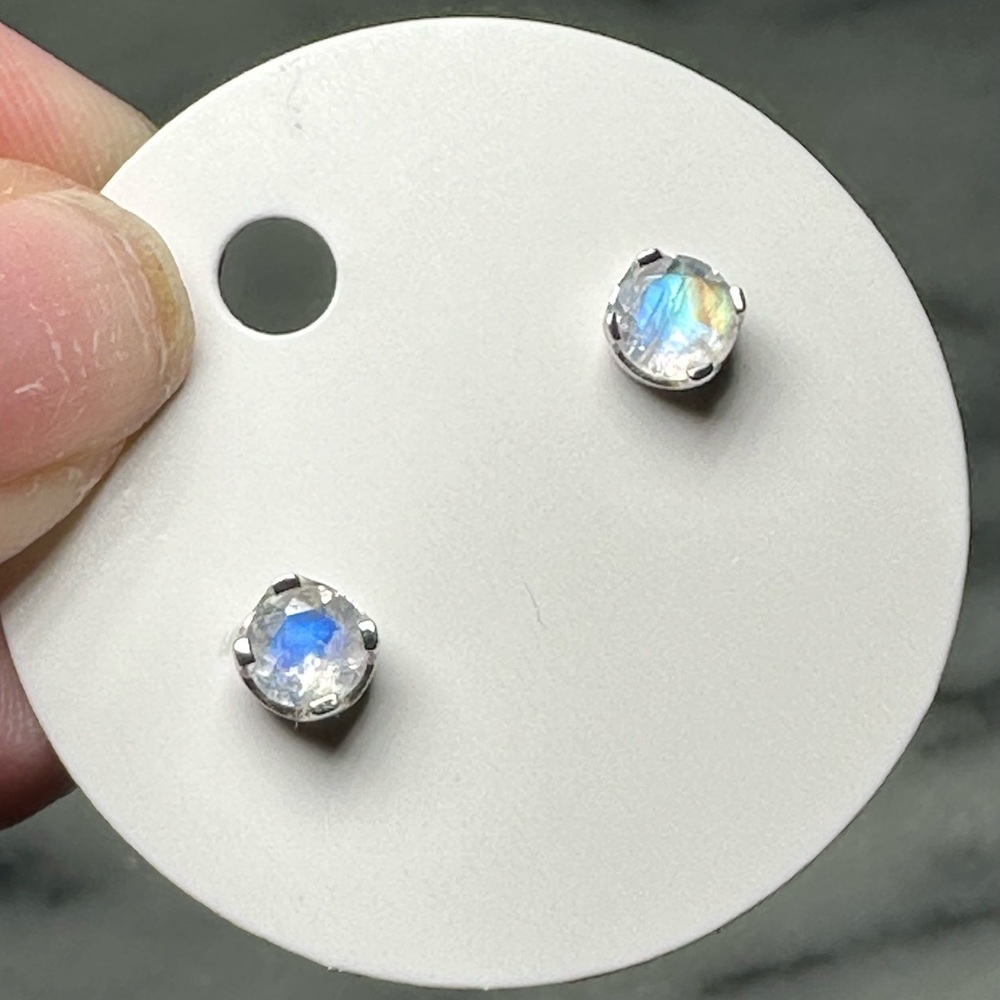 Faceted round Moonstone Sterling Silver stud earrings